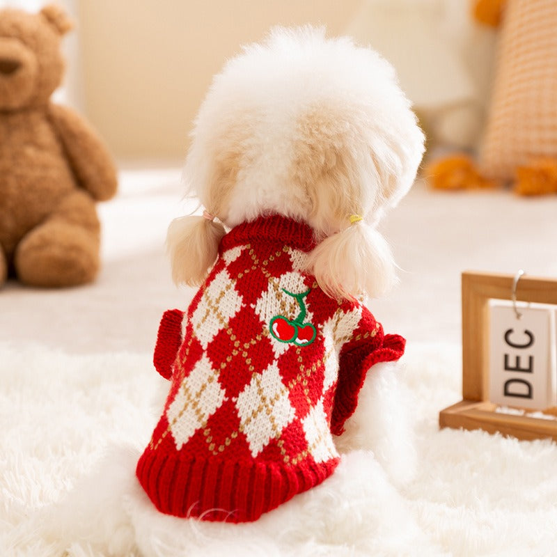 Diamond-Embroidered Cherry Pet Sweater