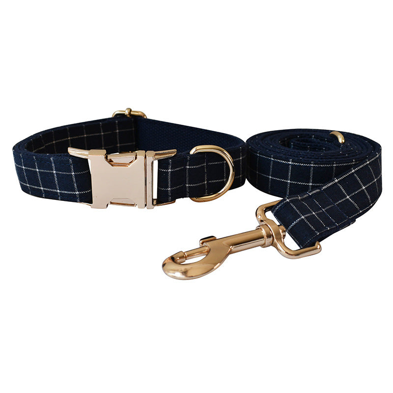 Navy Blue Plaid Dog Collar with Gold Button Buckle