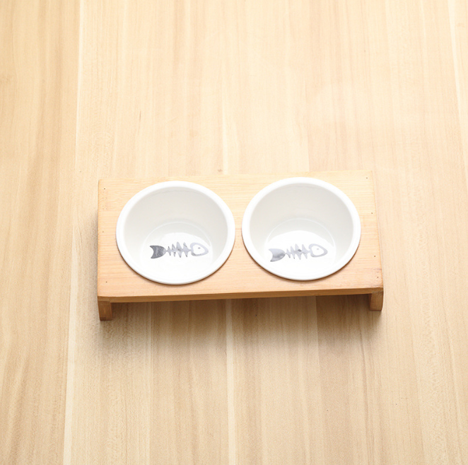 Double Bowl Cat Food Dish with Fish Bone Design