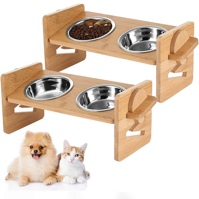 Bamboo Elevated Cat Bowl Stand with Dual Bowls