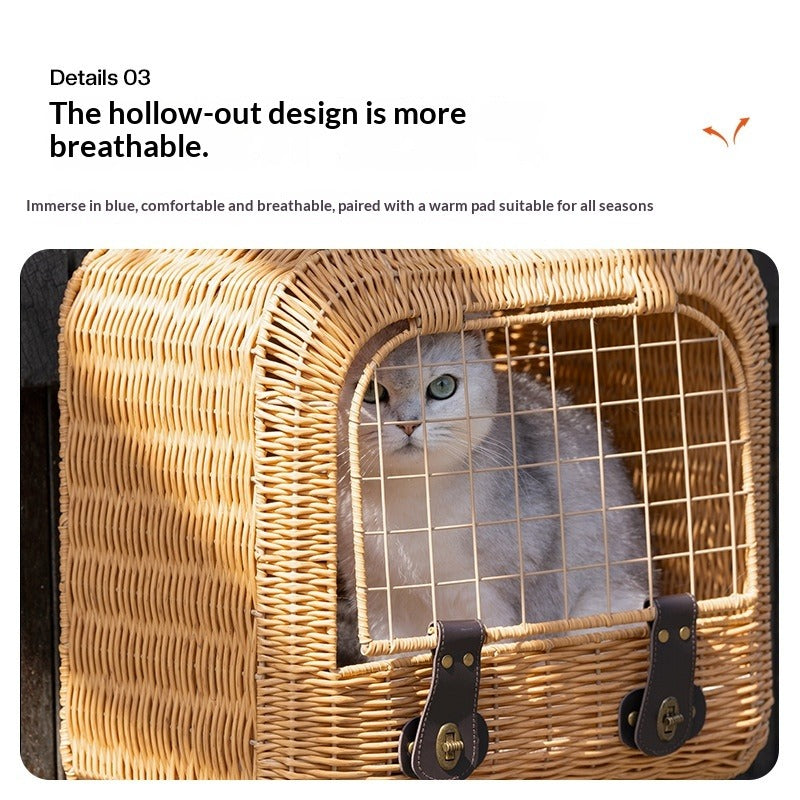 Portable Rattan Cat Carrier with Ventilation & Pull Handle