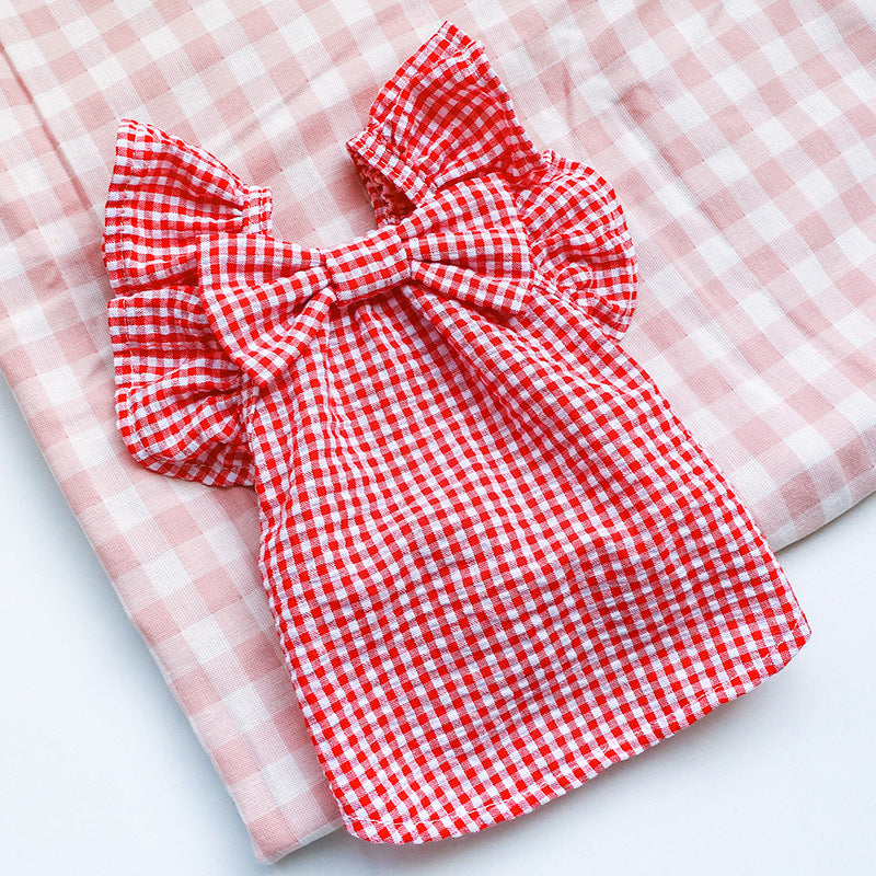 Red Check Bowknot Baby Pet Shirt Outfit