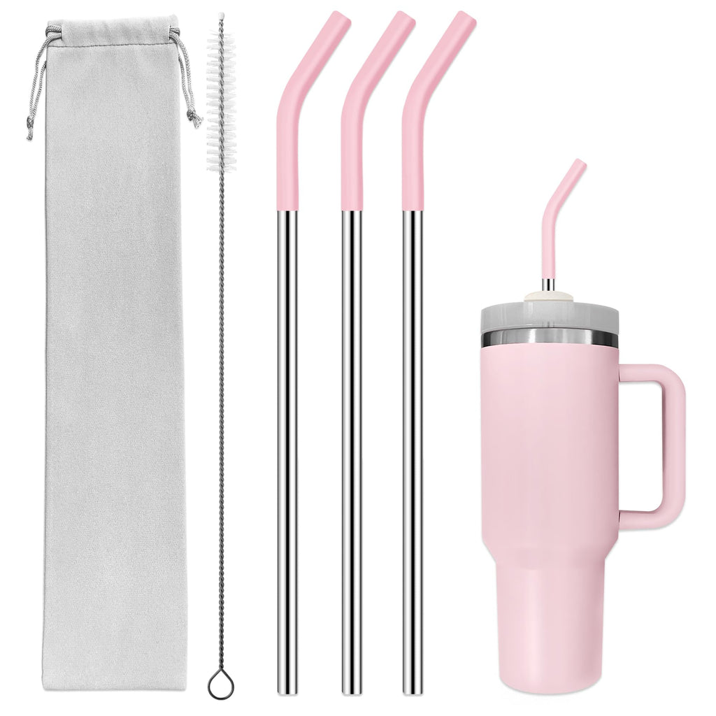 JINRICH Set of 3 Stainless Steel Straws for 40 Oz TumblerFor Stanley 40 Oz Tumbler Reusable Metal Straw with 6 Silicone Tips and 1 Straw Cleaning Brush (pink 40 Straight Straw)