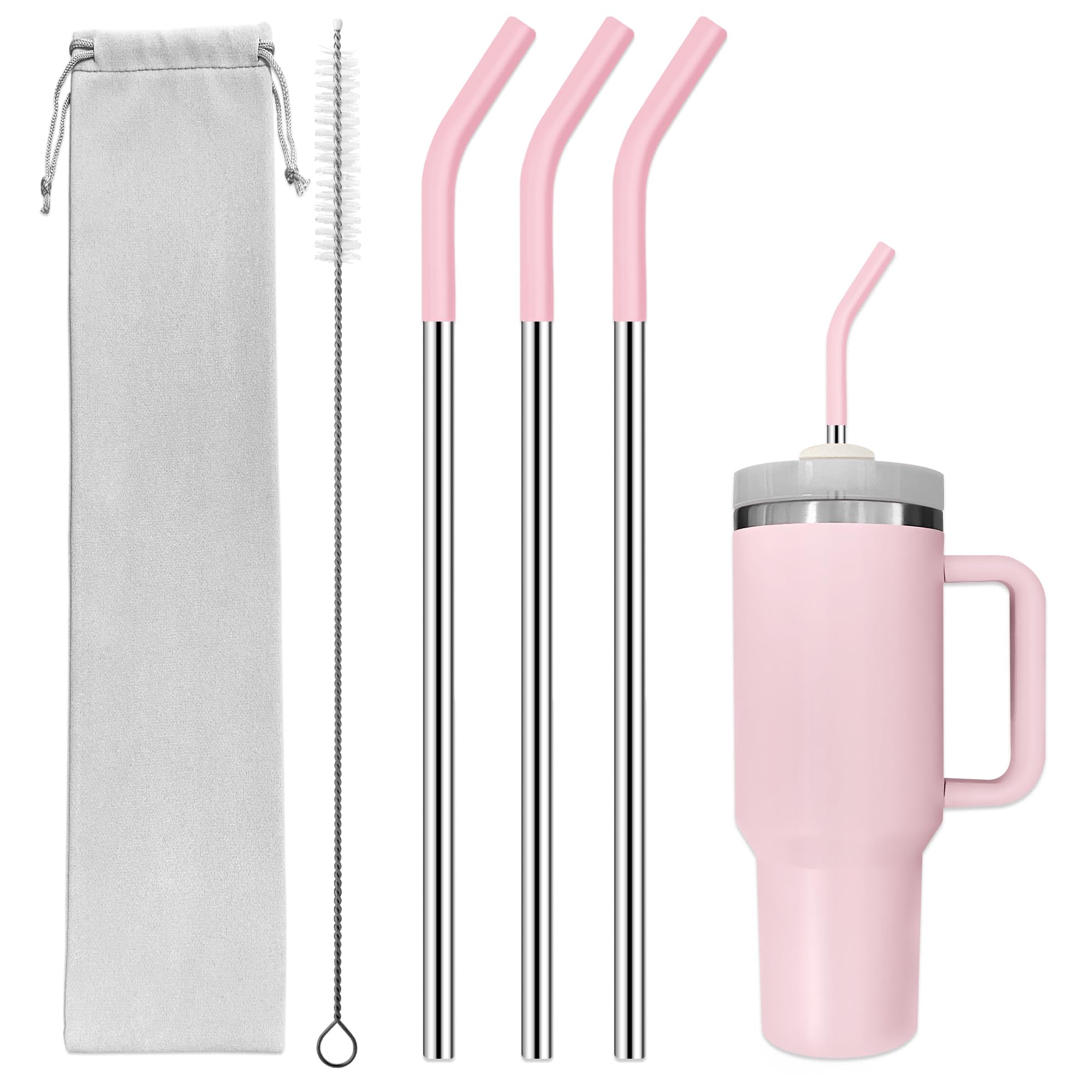 JINRICH Set of 3 Stainless Steel Straws for 40 Oz TumblerFor Stanley 40 Oz Tumbler Reusable Metal Straw with 6 Silicone Tips and 1 Straw Cleaning Brush (pink 40 Straight Straw)