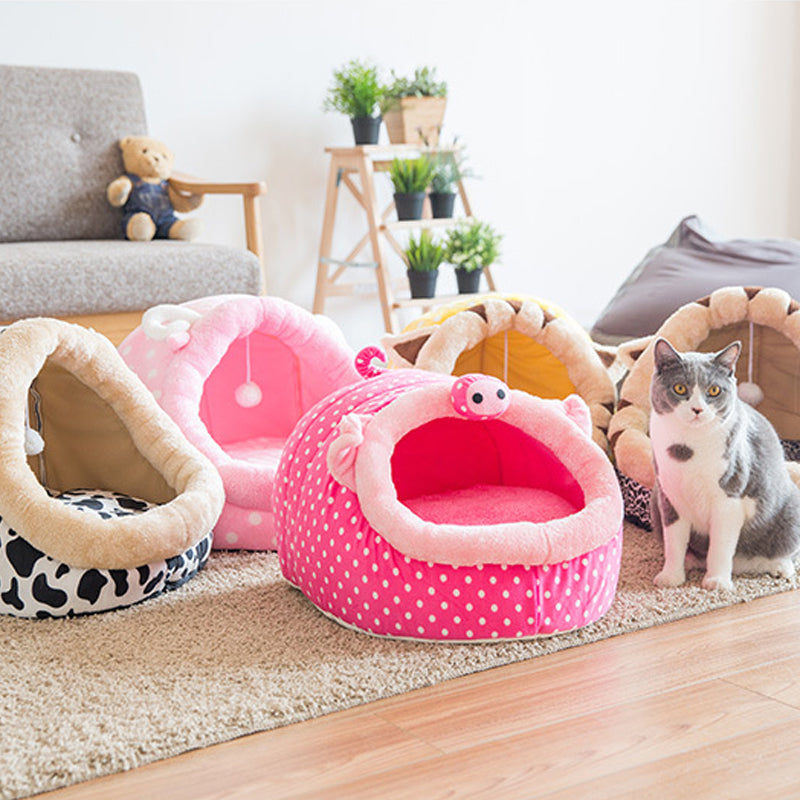 Cartoon Half-Enclosed Pet Bed for Dogs and Cats