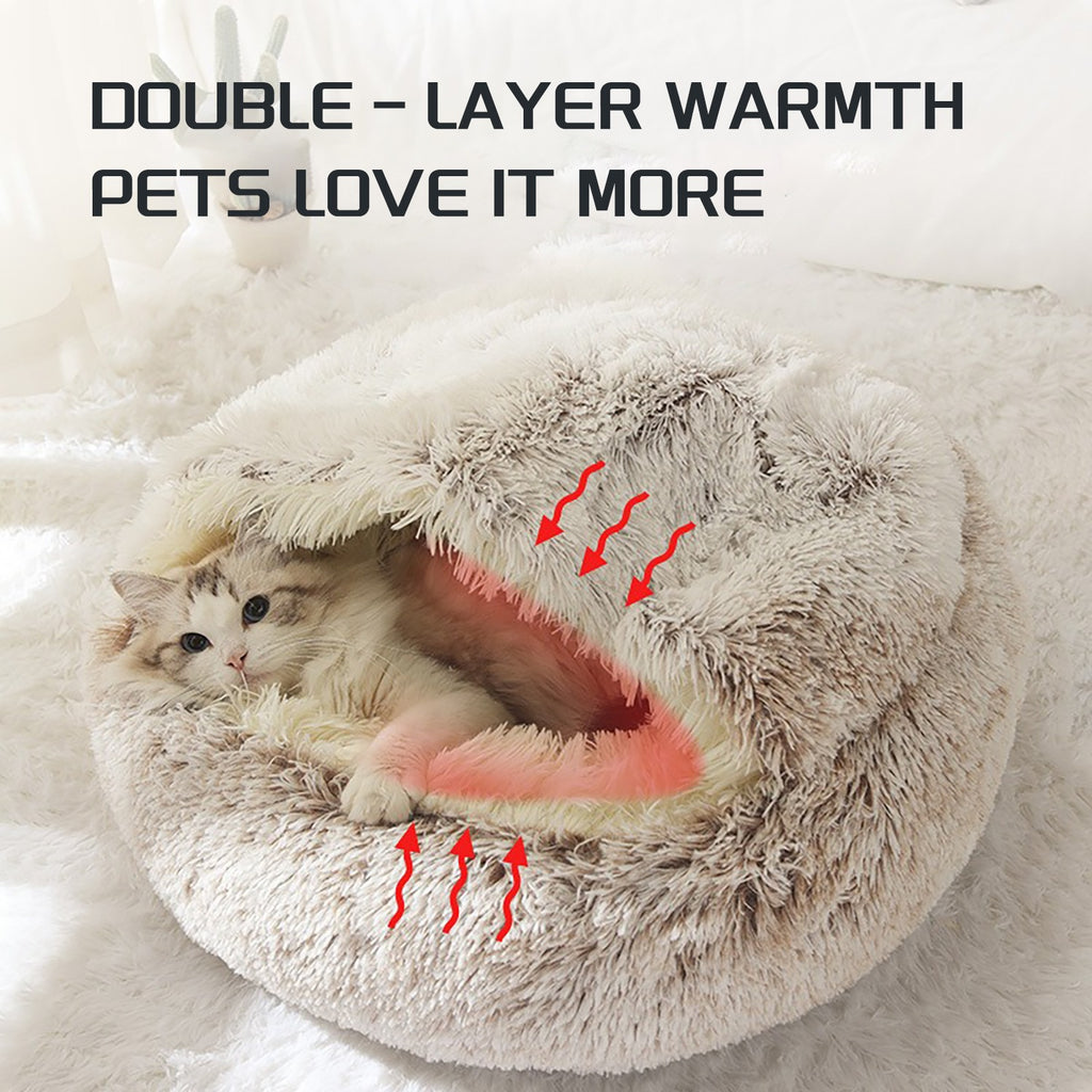 Plush Round Hooded Cat Bed