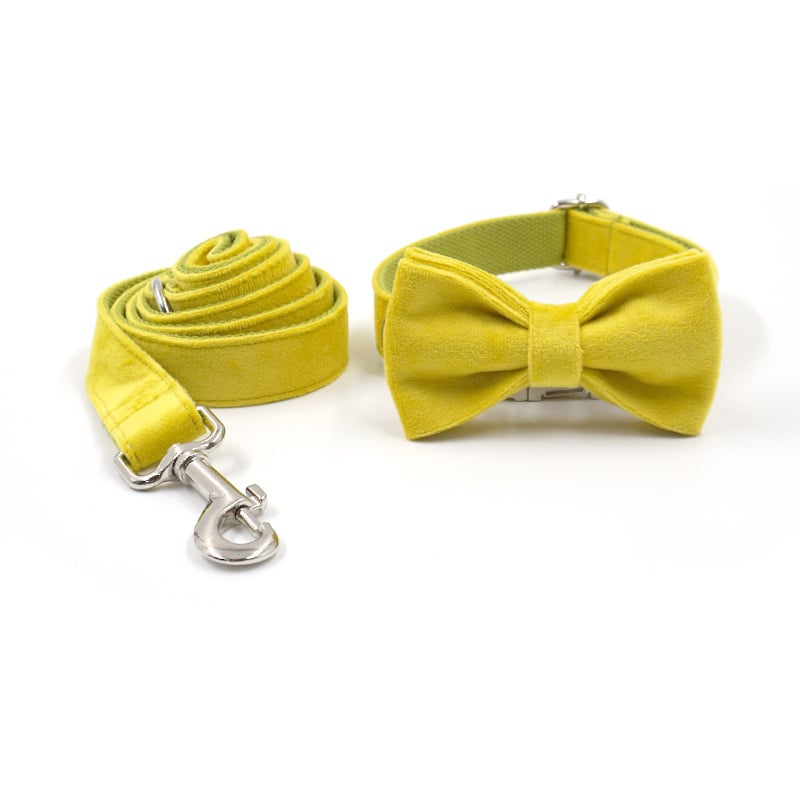 Elegant Yellow and Green Velvet Dog Collar and Leash Set