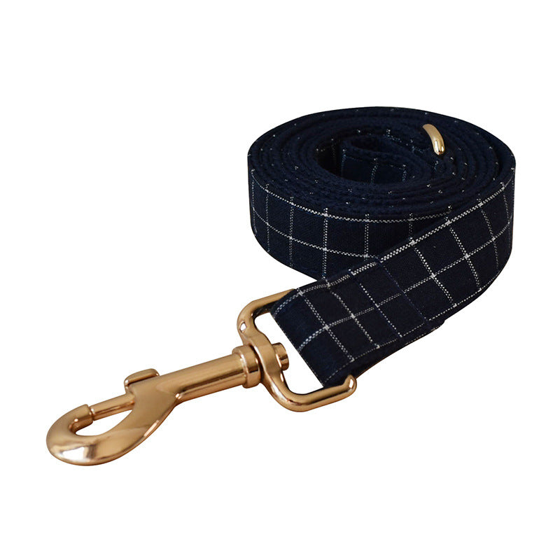 Navy Blue Plaid Dog Collar with Gold Button Buckle