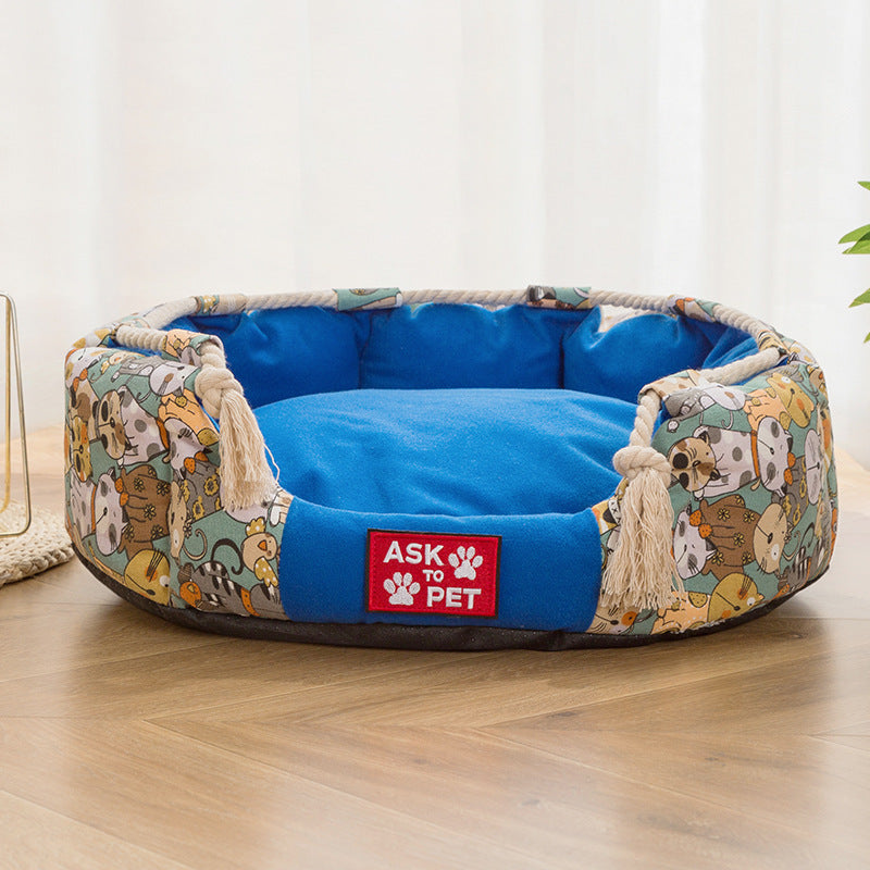 Thick Plush Winter Warm Printed Canvas Pet Nest