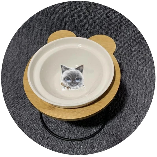 Ceramic Double Cat Bowl with Wooden Stand for Pets