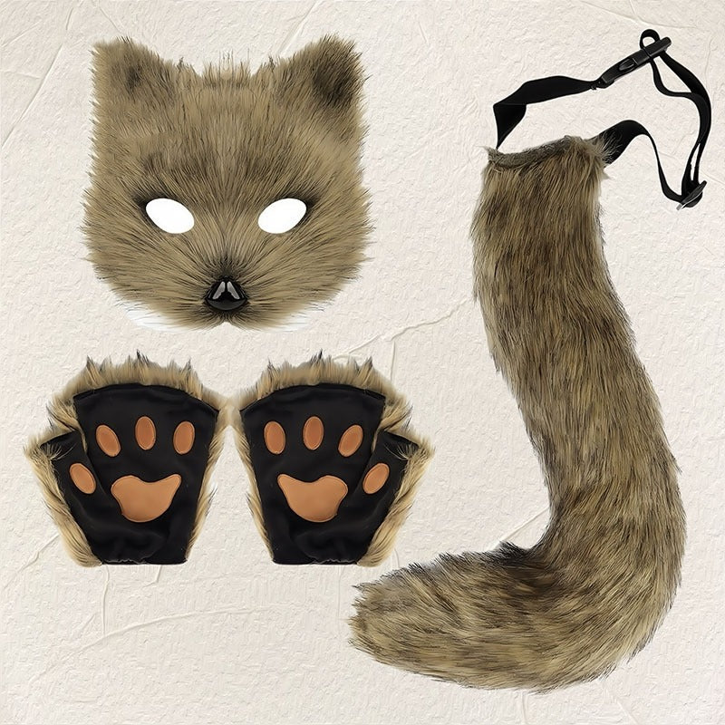 Cute Fox Mask Plush Cat's Paw Gloves Set