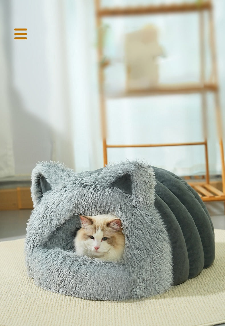 Plush Cat Dog Bed with Ears, Warm & Thick, Large Collar
