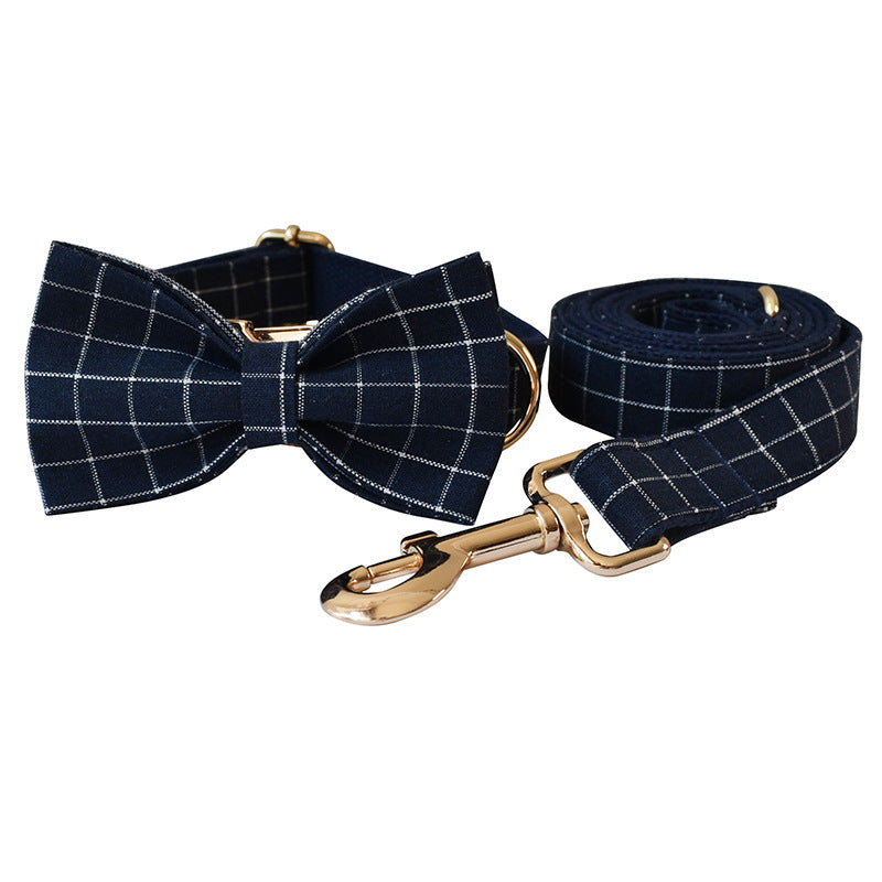 Navy Blue Plaid Dog Collar with Gold Button Buckle