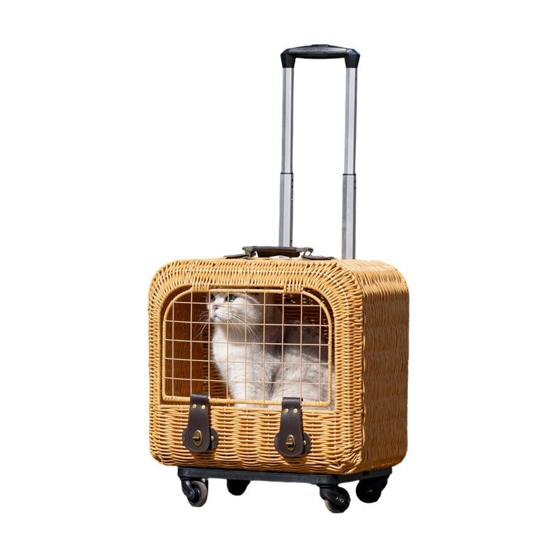 Portable Rattan Cat Carrier with Ventilation & Pull Handle