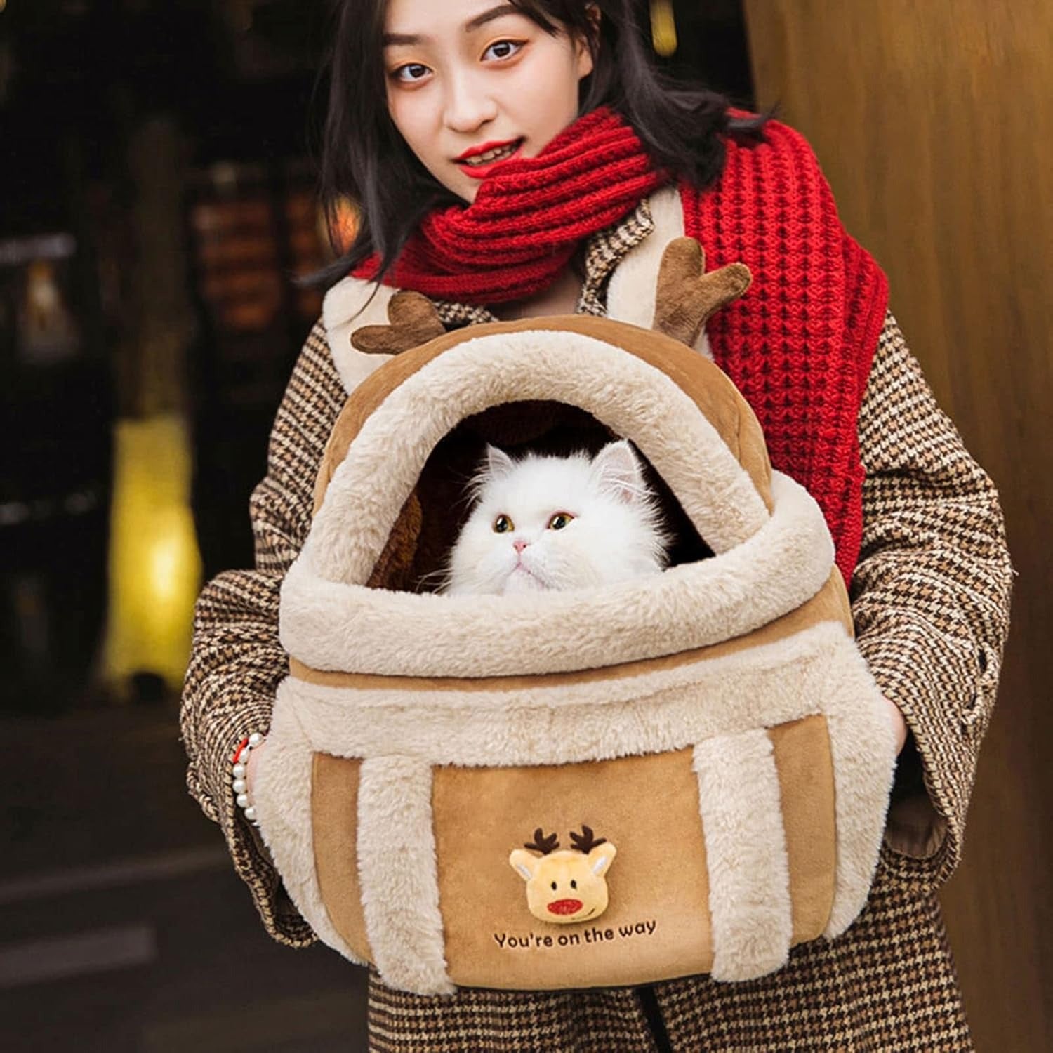 Plush Reindeer Pet Carrier Backpack with Hand Warmers