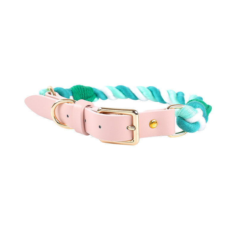 Hand Woven Cotton Rope and Leather Pet Collar