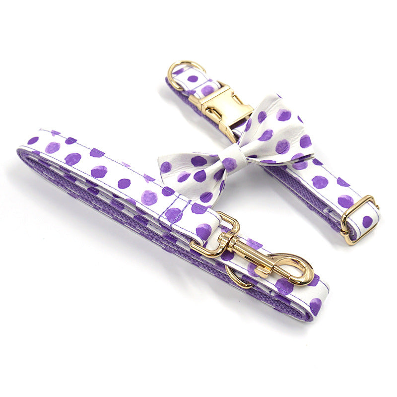 Wind Purple Polka Dot Dog Collar and Leash Bow Set