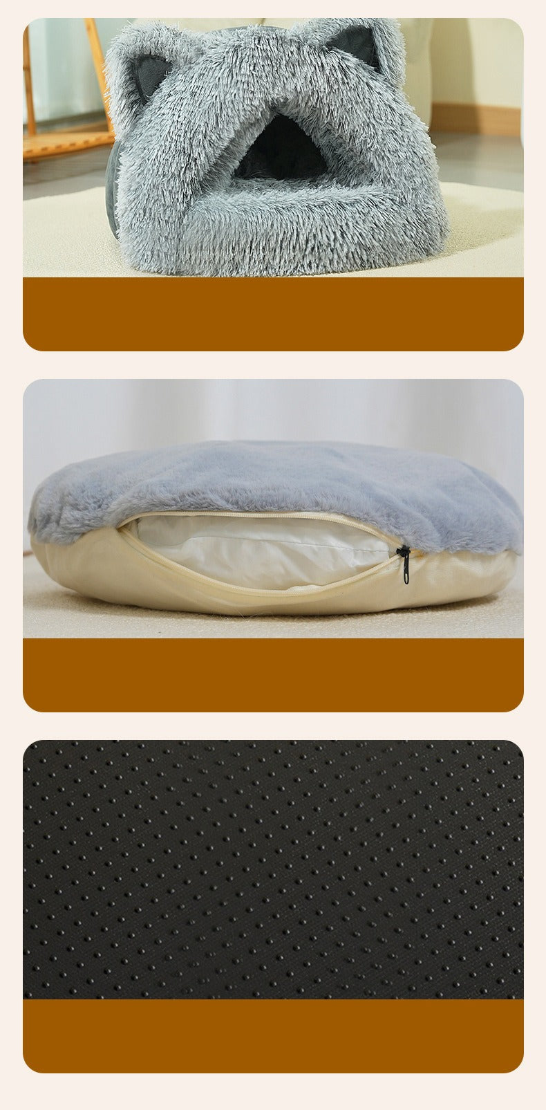 Plush Cat Dog Bed with Ears, Warm & Thick, Large Collar