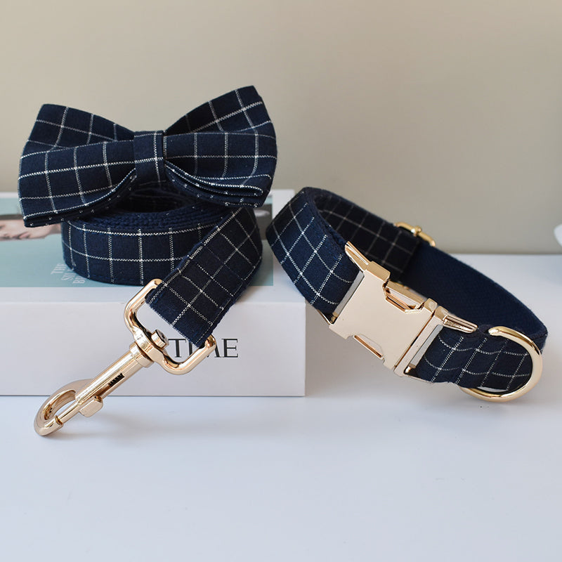 Navy Blue Plaid Dog Collar with Gold Button Buckle
