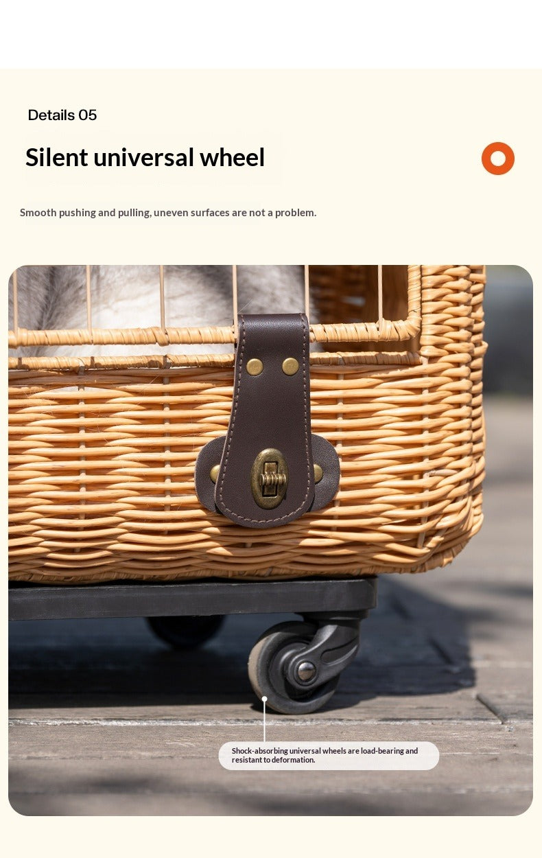 Portable Rattan Cat Carrier with Ventilation & Pull Handle