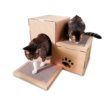 Corrugated Cat House with Two-Tier Scratch Board