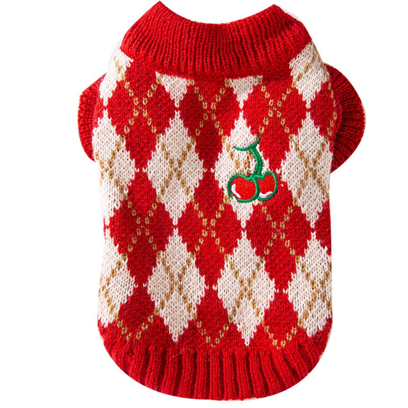 Diamond-Embroidered Cherry Pet Sweater