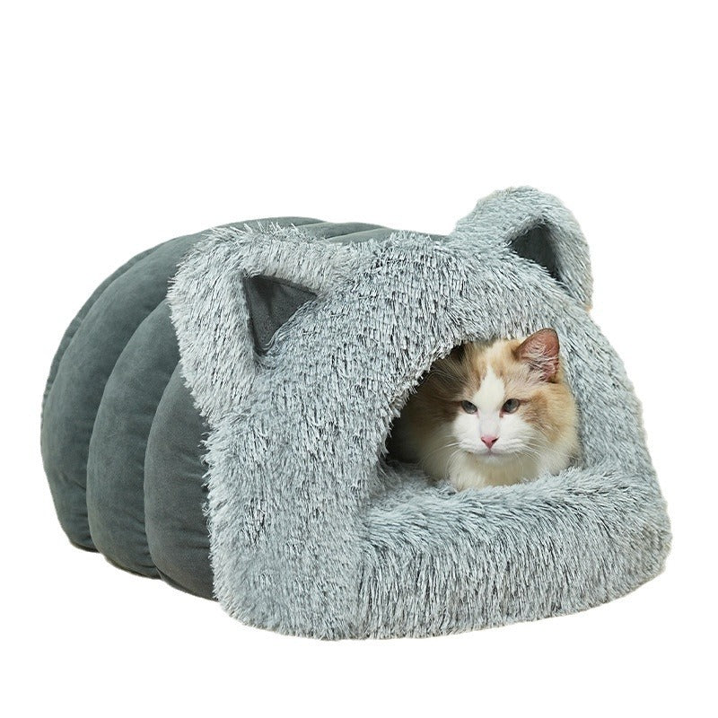 Plush Cat Dog Bed with Ears, Warm & Thick, Large Collar