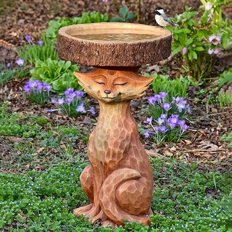 Outdoor Bird Bath Bowl Fox Resin Statue for Garden
