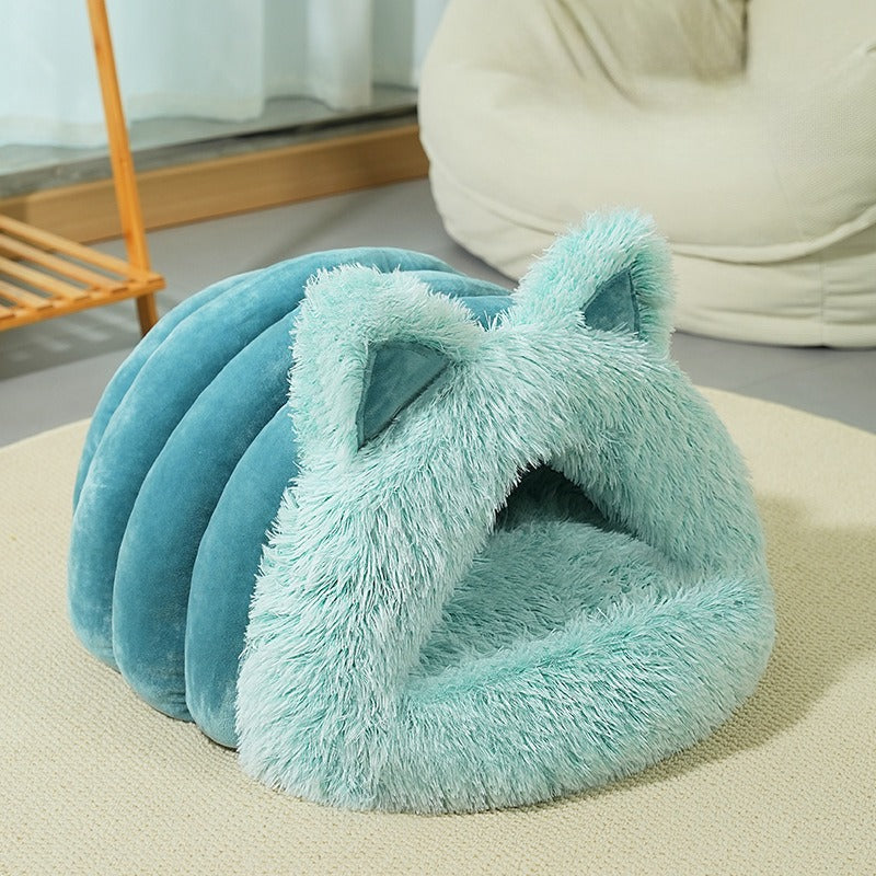 Plush Cat Dog Bed with Ears, Warm & Thick, Large Collar