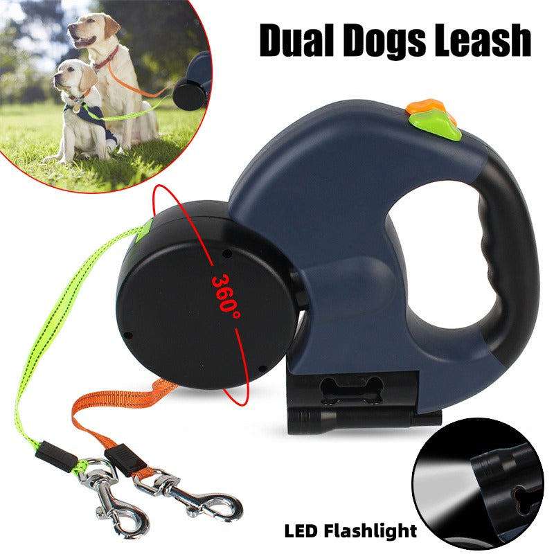 Retractable Dual Dog Leash with Light, 360° Swivel