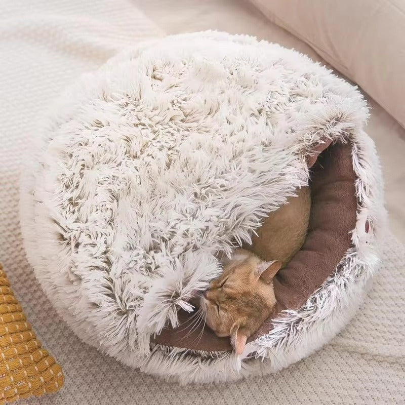 Long Plush Round Cat Bed for Pets