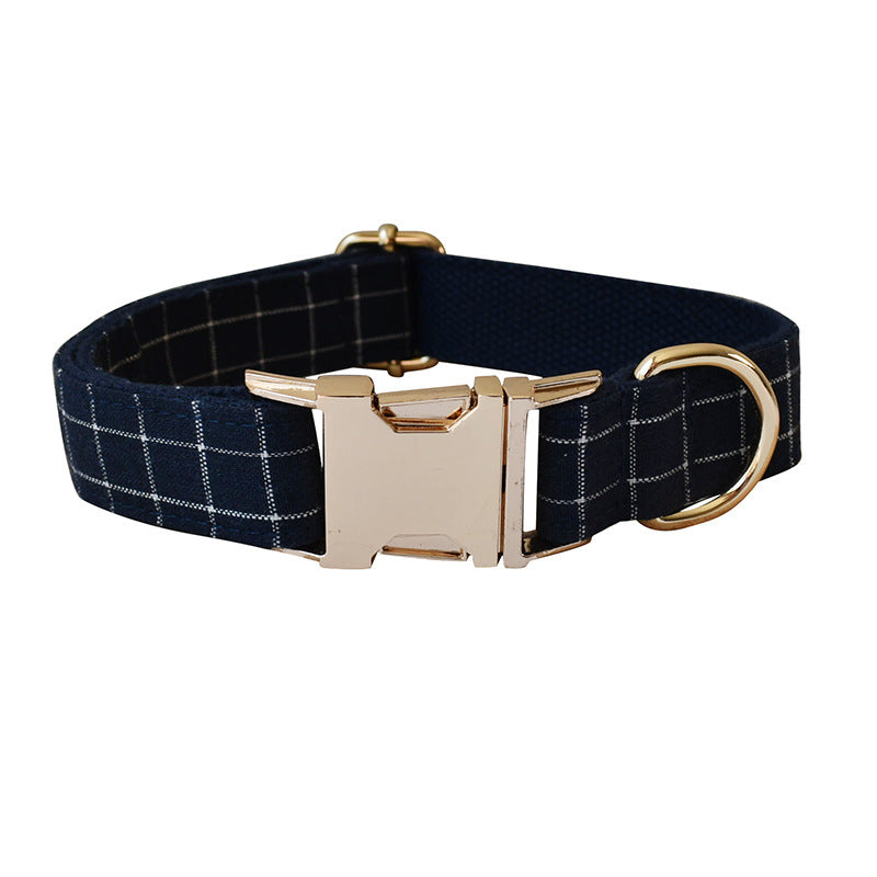 Navy Blue Plaid Dog Collar with Gold Button Buckle