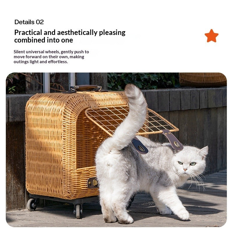 Portable Rattan Cat Carrier with Ventilation & Pull Handle