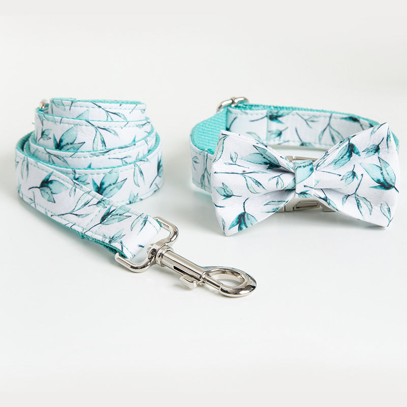 Dog and Cat Collar Set with Bowtie and Tropical Leaves