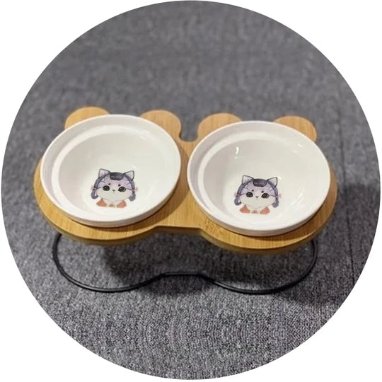 Ceramic Double Cat Bowl with Wooden Stand for Pets