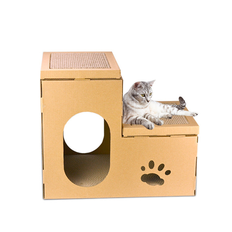 Corrugated Cat House with Two-Tier Scratch Board