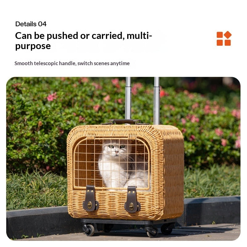 Portable Rattan Cat Carrier with Ventilation & Pull Handle