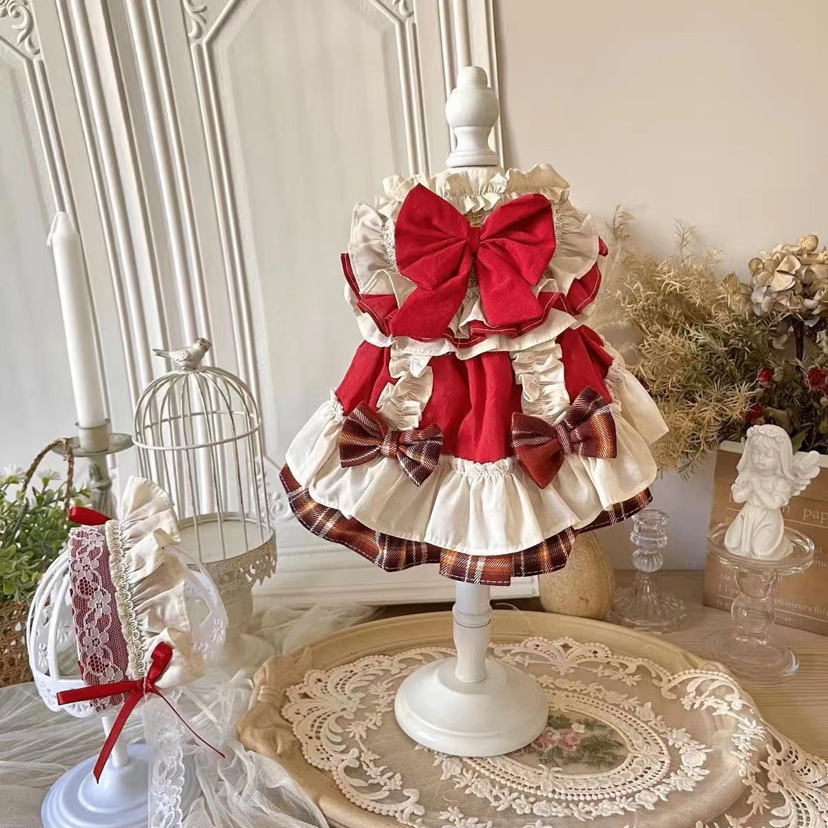 Plaid Lace Princess Lolita Dress with Pet Bow