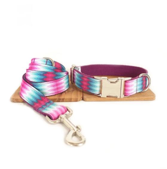 Patterned Dog Collar with Colorful Leash Set and Metal Buckle