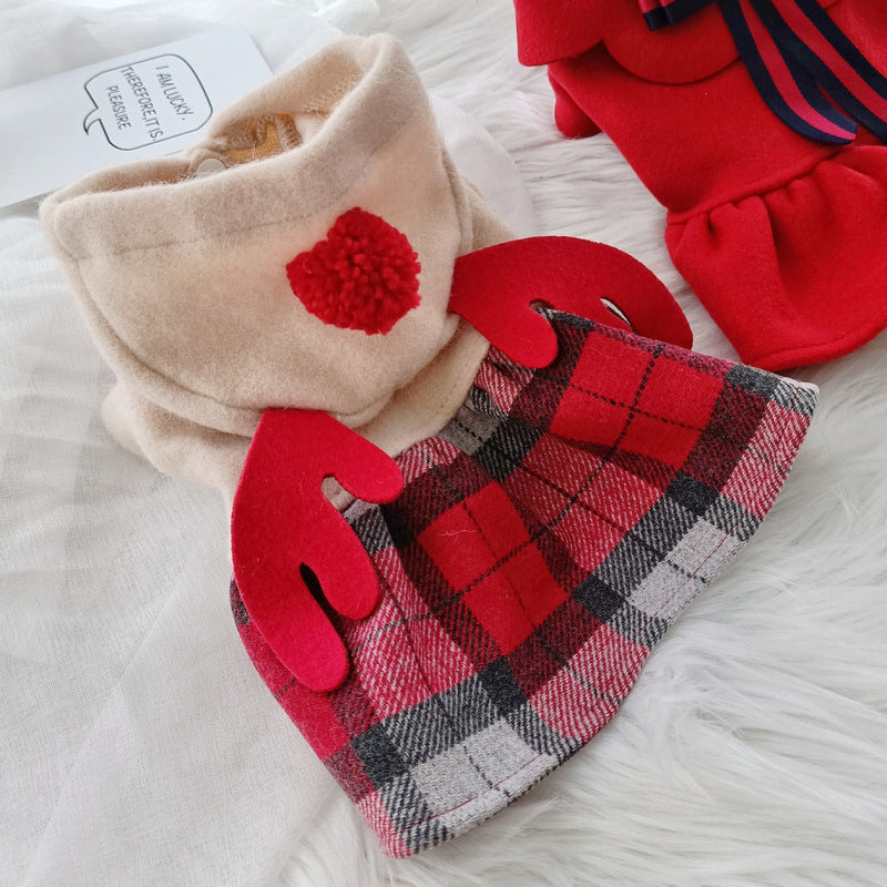 Red Check Elk Skirt for Dogs and Cats Warm Clothes