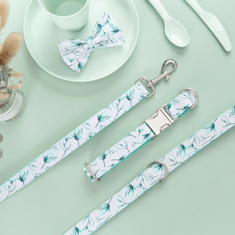 Dog and Cat Collar Set with Bowtie and Tropical Leaves