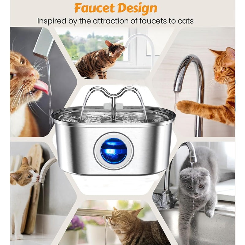 3.2L Cowhorn Pet Water Dispenser - Stainless Steel Fountain with 4 Filters