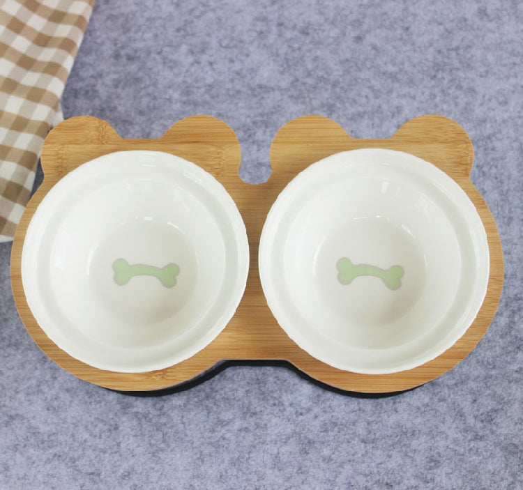 Ceramic Double Cat Bowl with Wooden Stand for Pets