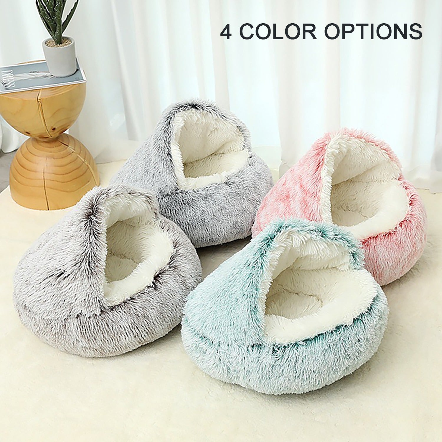 Plush Round Hooded Cat Bed