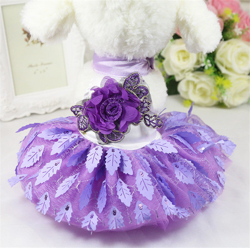 Shiny Red Dog Wedding Dress with Purple Leaf Design
