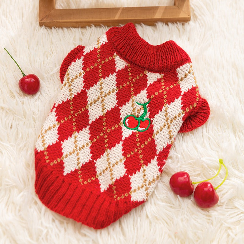 Diamond-Embroidered Cherry Pet Sweater