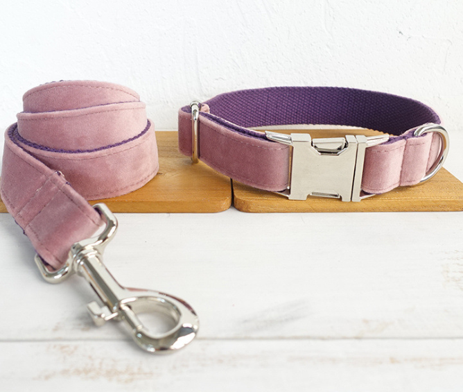 Soft Plush Dog Leash and Collar in Pink Purple