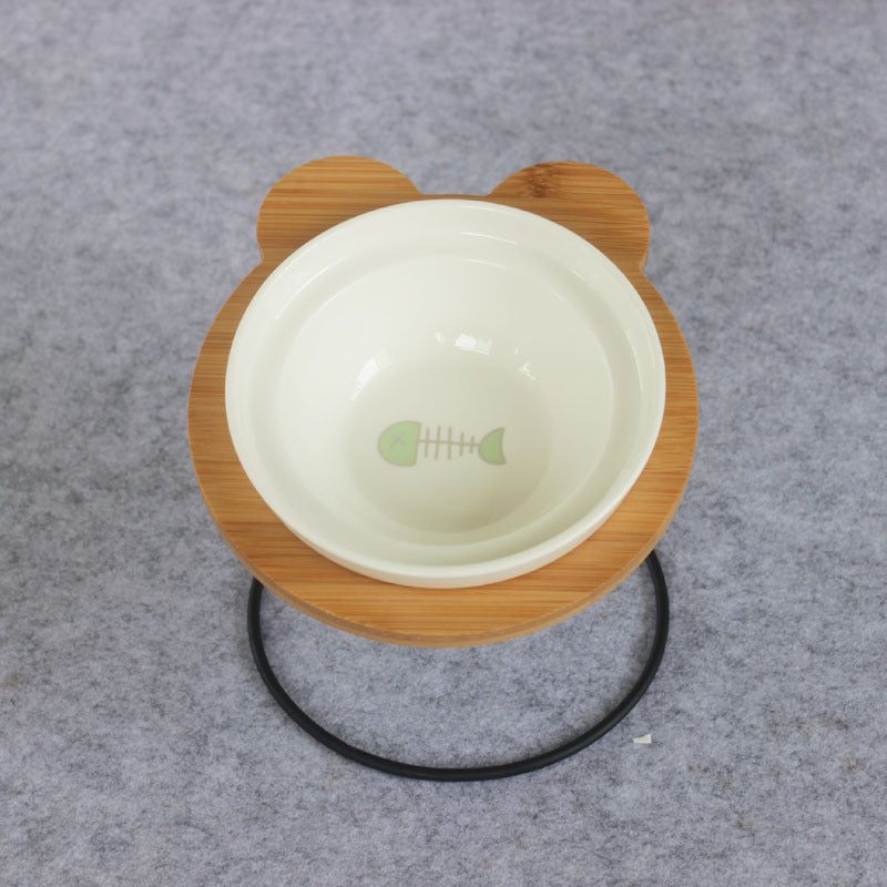 Ceramic Double Cat Bowl with Wooden Stand for Pets