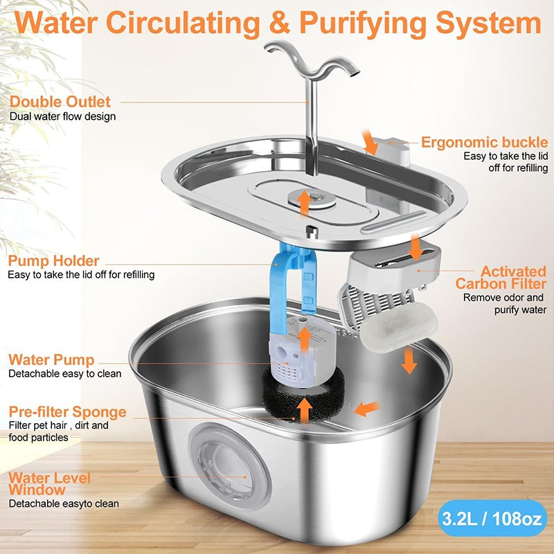 3.2L Cowhorn Pet Water Dispenser - Stainless Steel Fountain with 4 Filters