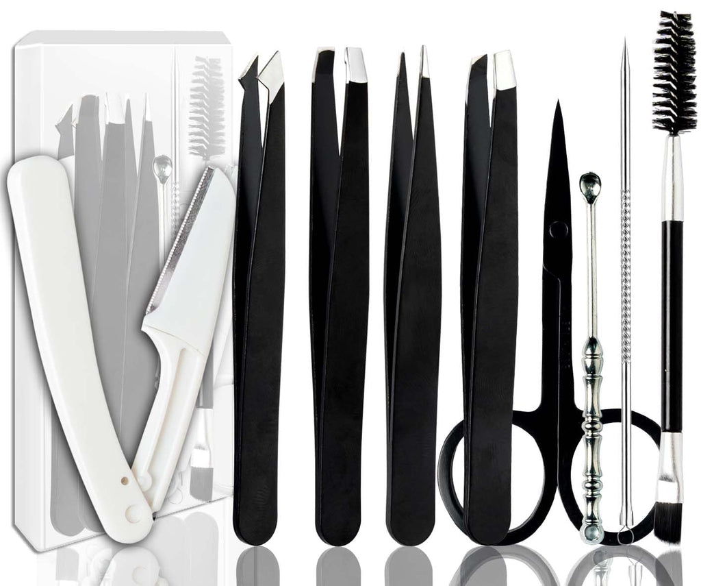 [9+1 PCS] Tweezer Kit Tweezers for Women Facial Hair Professional Tweezers Set Eyebrow Tweezers Professional Stainless Steel Eyebrow Tweezers for Women &MenBlack And Pink Eyebrow Clip Sets.